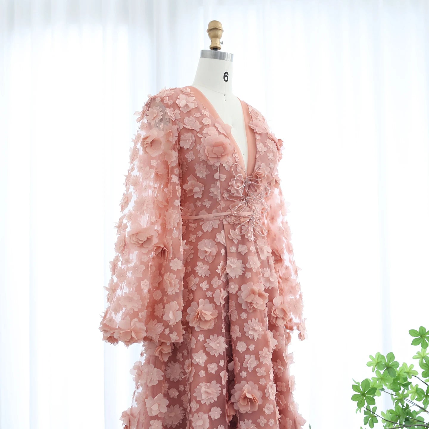 Blush Peach-Pink 3D Flowers Evening Dresses with Bell Long Sleeves V-Neck Wedding Party Birthday Gowns - Image 4