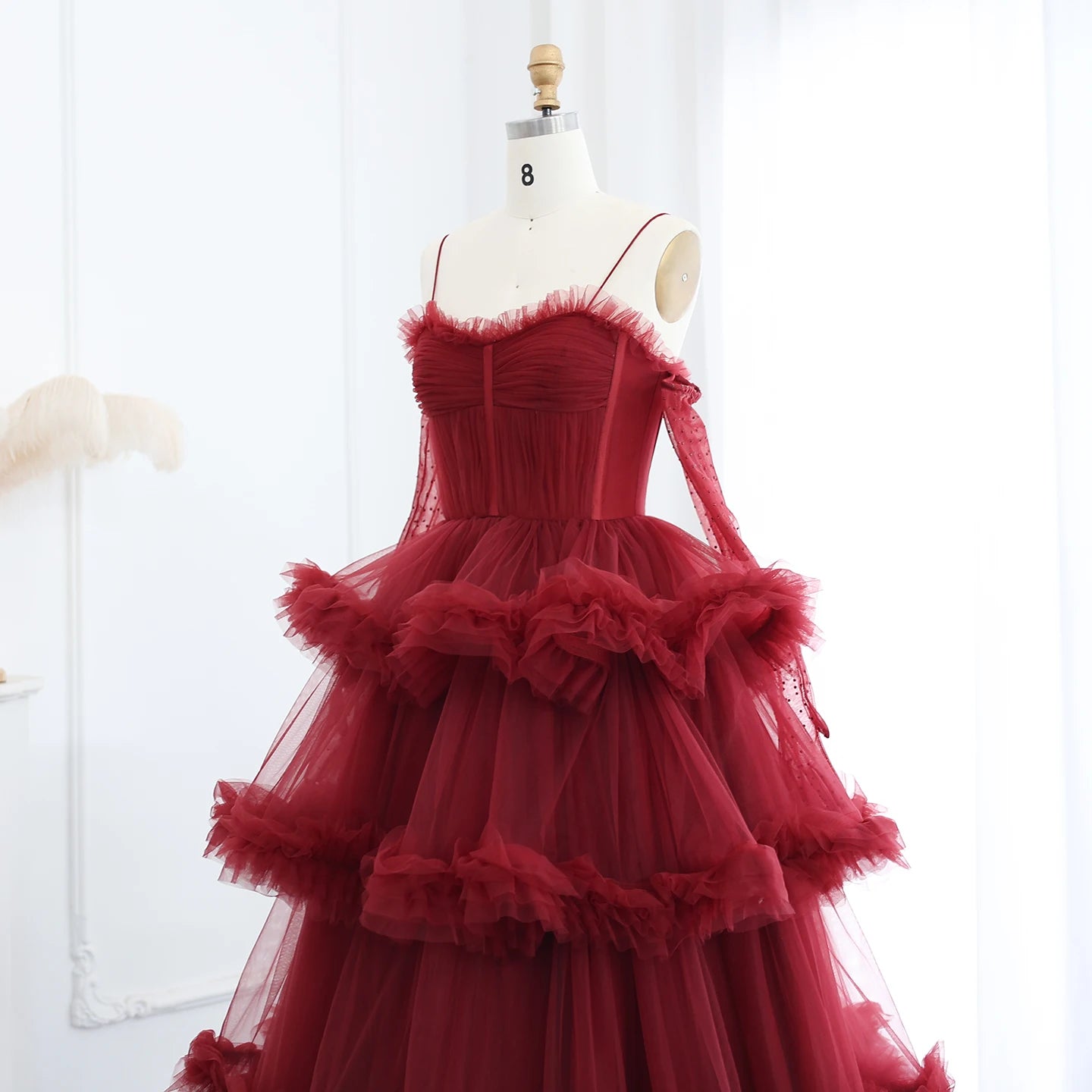 Burgundy Tulle Tiered Ruffles Evening Dresses with Gloves Spaghetti Straps Wedding Party Gowns - Image 6