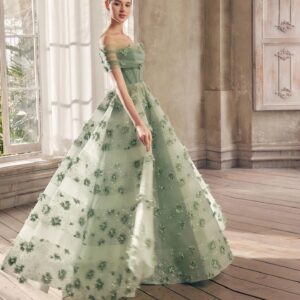Luxury Sage Green Flowers Evening Dress with Cape Elegant Wedding Party Gown
