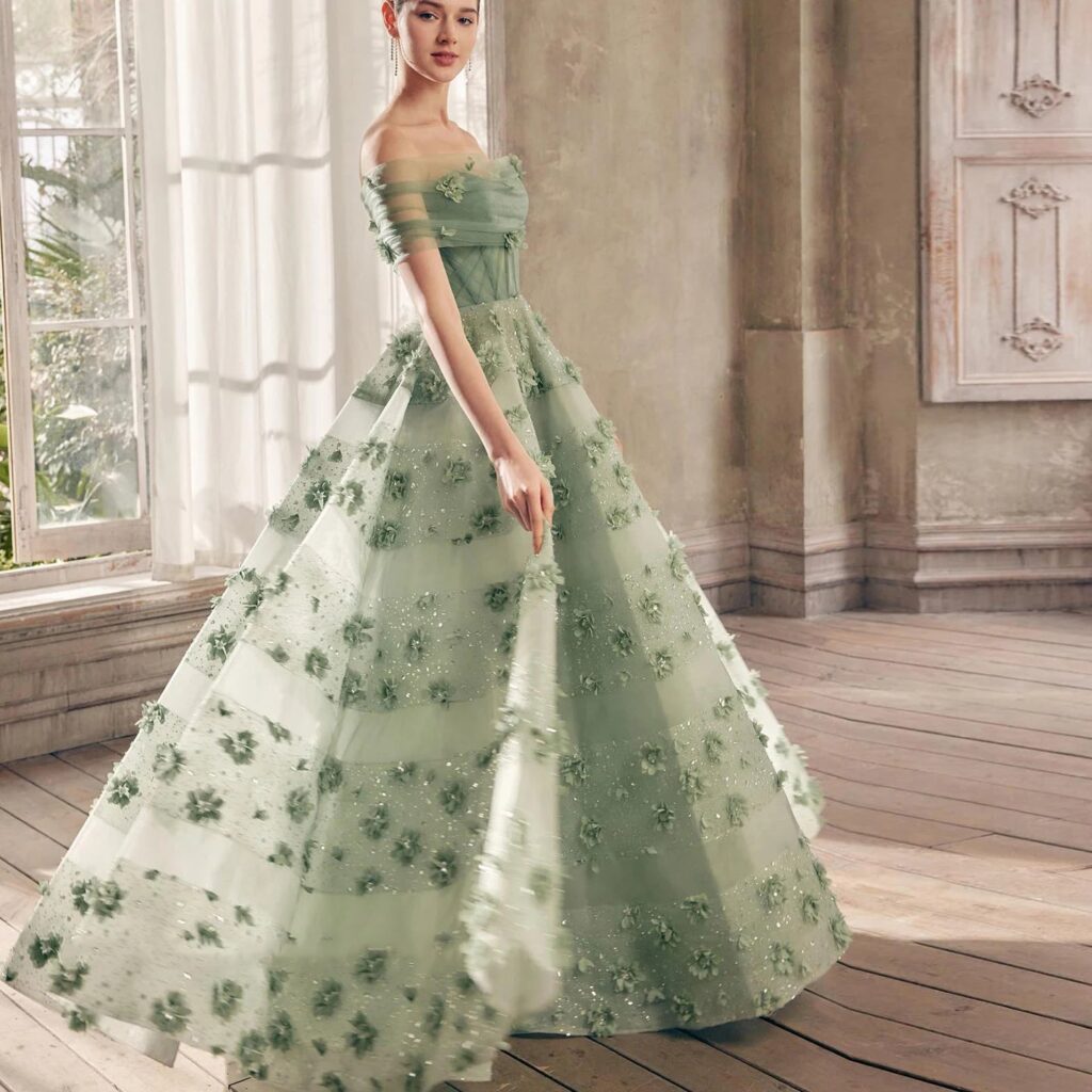 Luxury Sage Green 3D Flowers Evening Dress with Cape Elegant Sweetheart Women Wedding Party Gowns