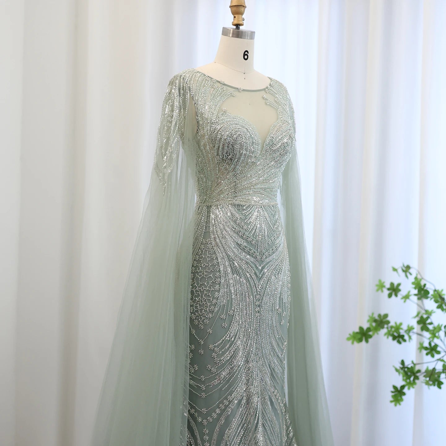 Luxury Blue Mermaid Evening Dress with Cape Sleeves 2024 Sage Green Plus Size Women Wedding Party Gowns - Image 15
