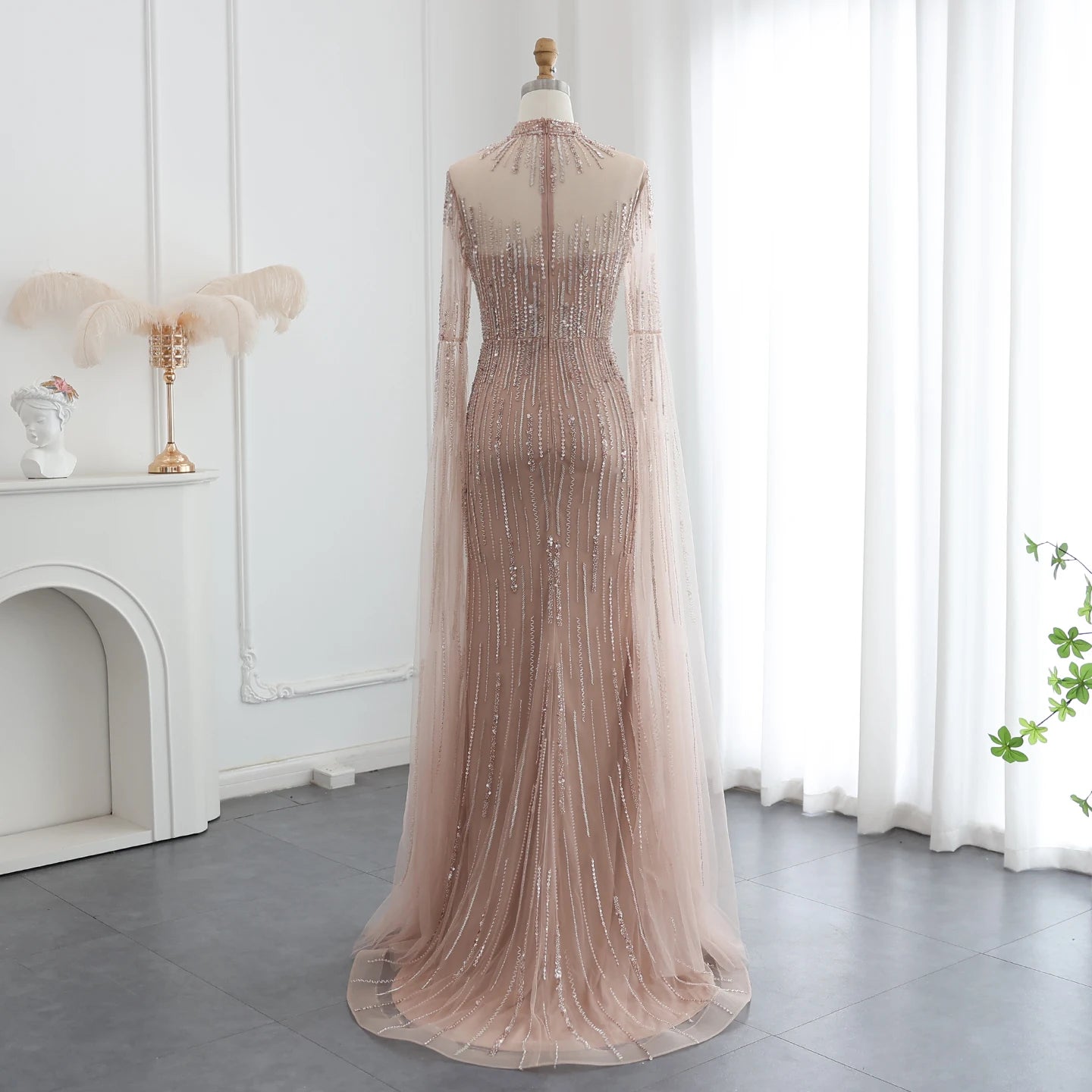 Luxury Beaded Mermaid Green Evening Dress with Cape Sleeve High Neck Side Slit Nude Women Wedding Party Gowns - Image 12