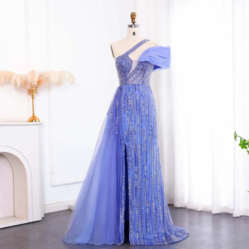 One Shoulder Blue Luxury Evening Dress with Side Skirt for Women Party Fuchsia Long Prom Gown