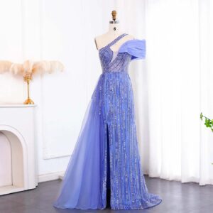 One Shoulder Blue Luxury Evening Dress with Side Skirt for Women Party Fuchsia Long Prom Gown