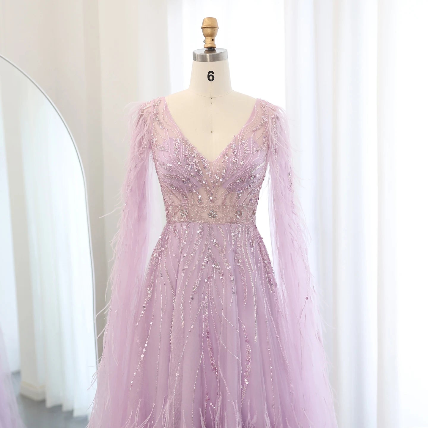 Luxury Feathers Nude A-line Evening Dresses with Cape Sleeves V-Neck Lilac Arabic Women Wedding Party Dress - Image 10
