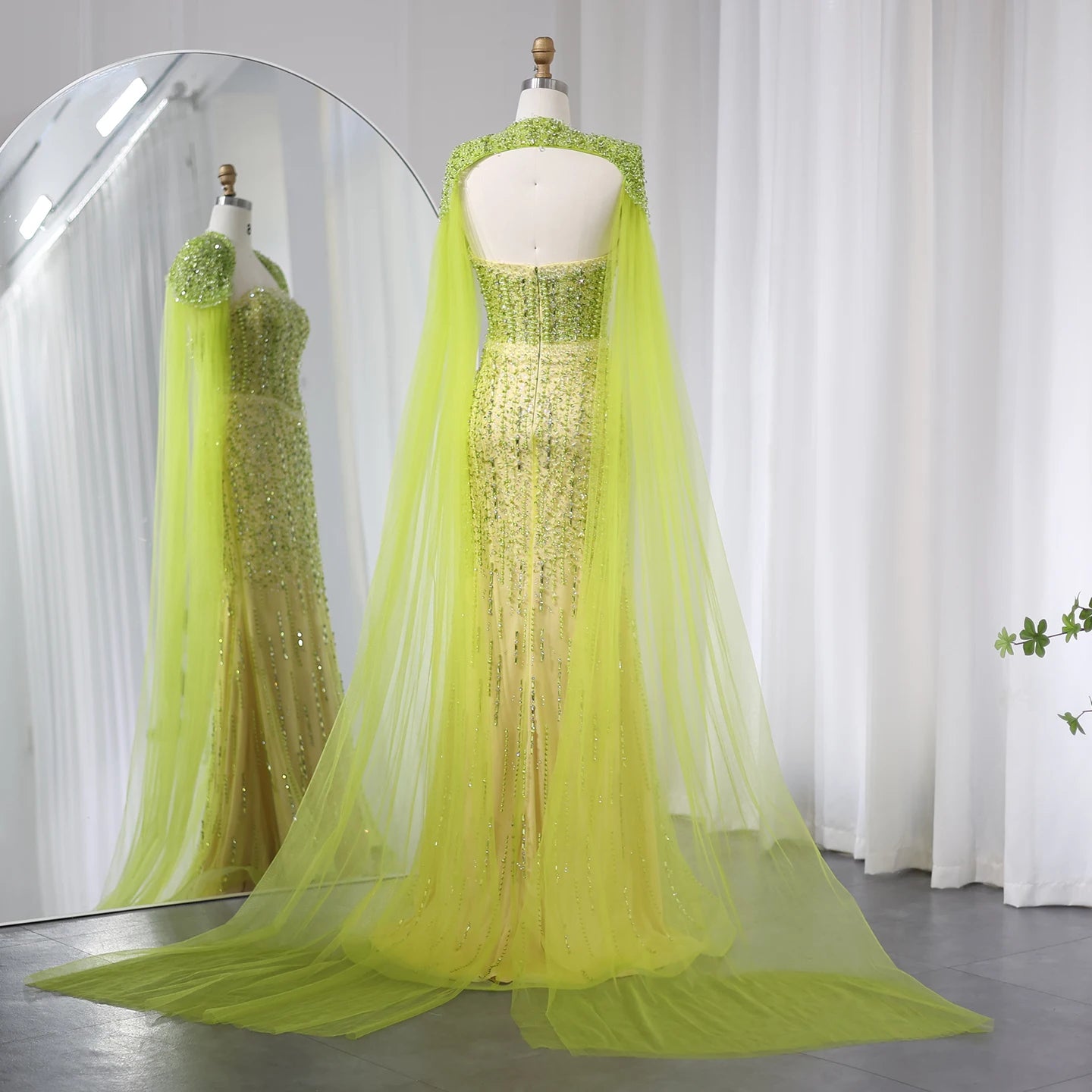 Luxury Beaded Mermaid Lime Green Evening Dress with Cape Sleeves Elegant Arabic Women Wedding Party Prom Dress - Image 7