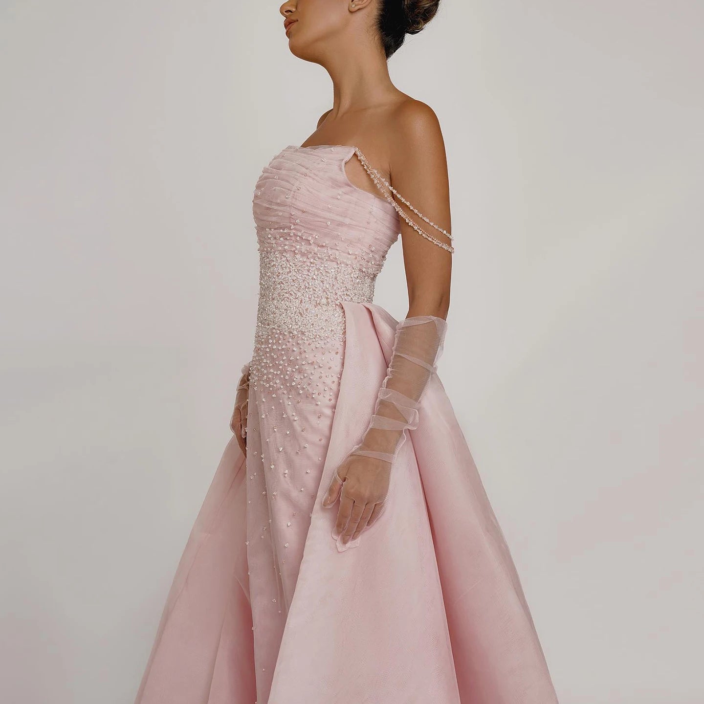 Beads Pink Evening Dress with Overskirt Glove Elegant Women Arabic Formal Party Gown - Image 7