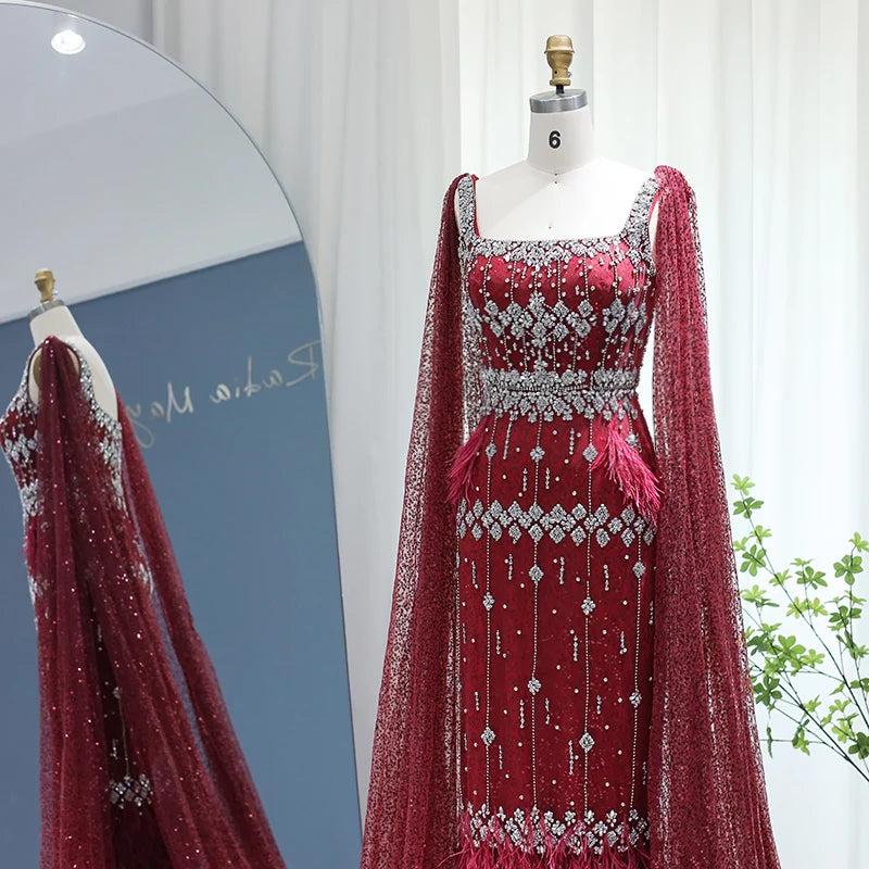 Mermaid Evening Dress with Cape Luxury Feather Formal Dresses for Women Wedding Party - Image 30