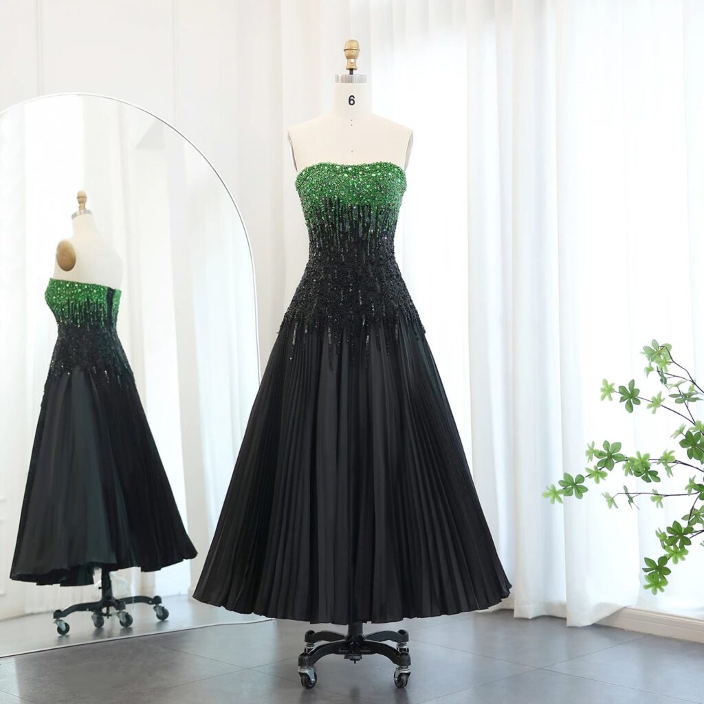 Luxury Beaded Black Green Strapless Evening Dress for Women Wedding 2024 Elegant Midi Formal Party Gowns