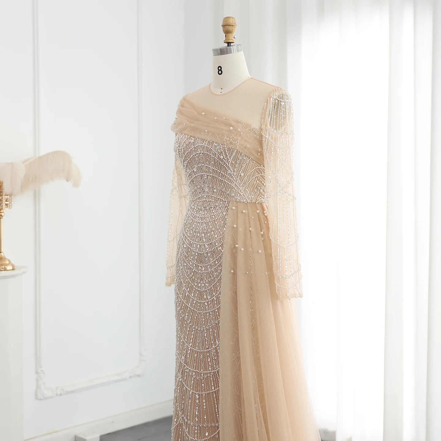 Luxury Beaded Champagne Mermaid Long Sleeves Evening Dress for Women Wedding Formal Party Gowns - Image 4