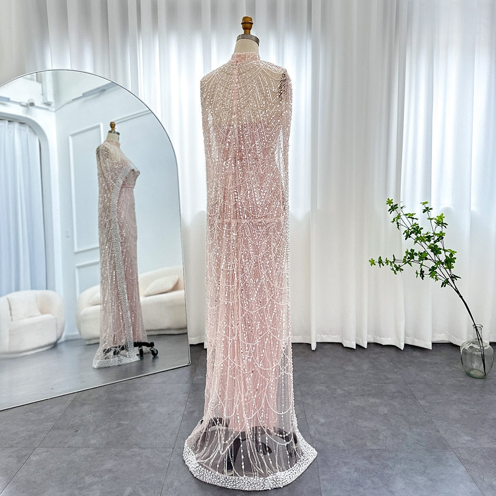 Luxury Pearls Champagne Evening Dresses with Cape Women Mermaid Wedding Party Prom Dress - Image 36