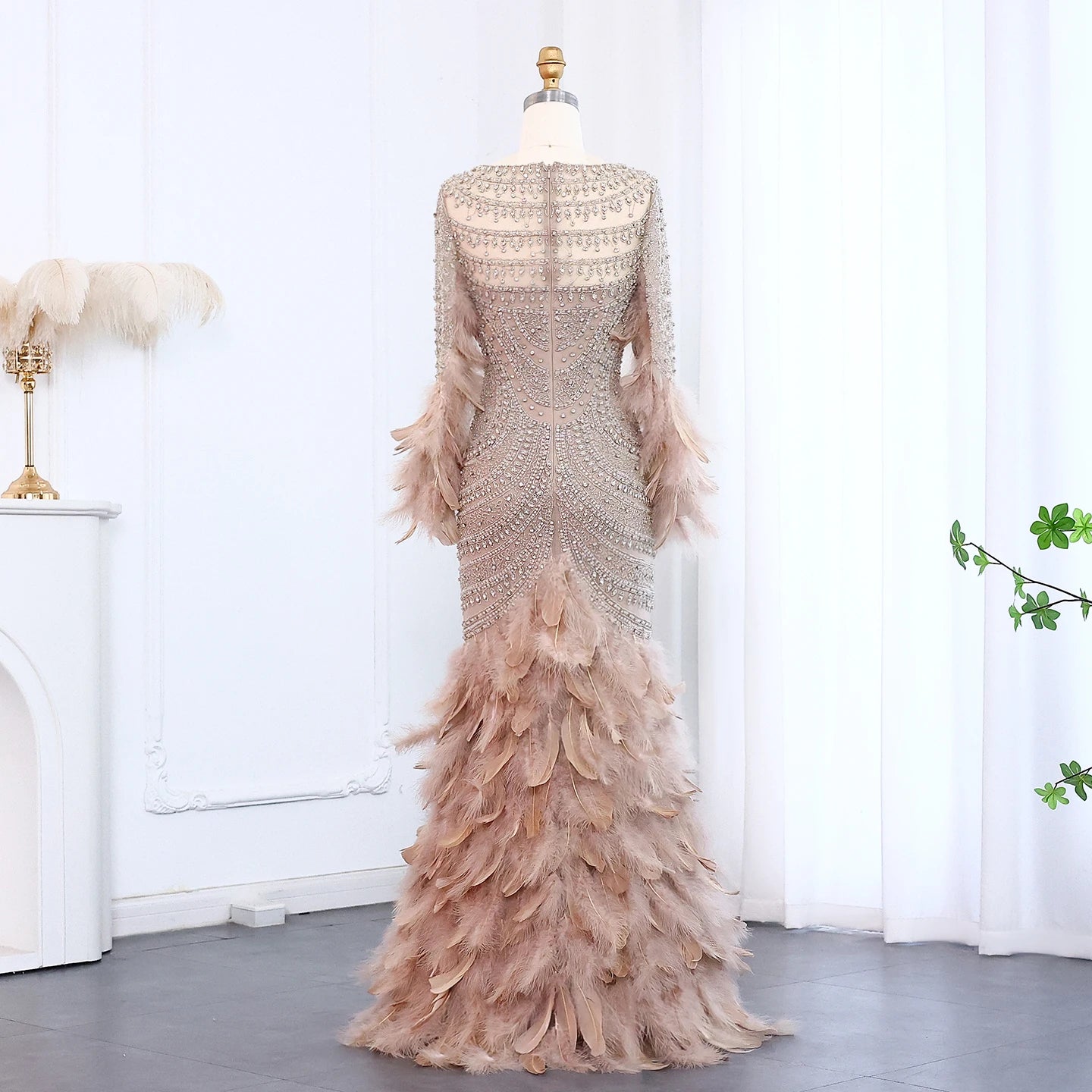 Luxury Feather Nude Mermaid Evening Dress for Women Wedding Party Long Sleeves Elegant - Image 5