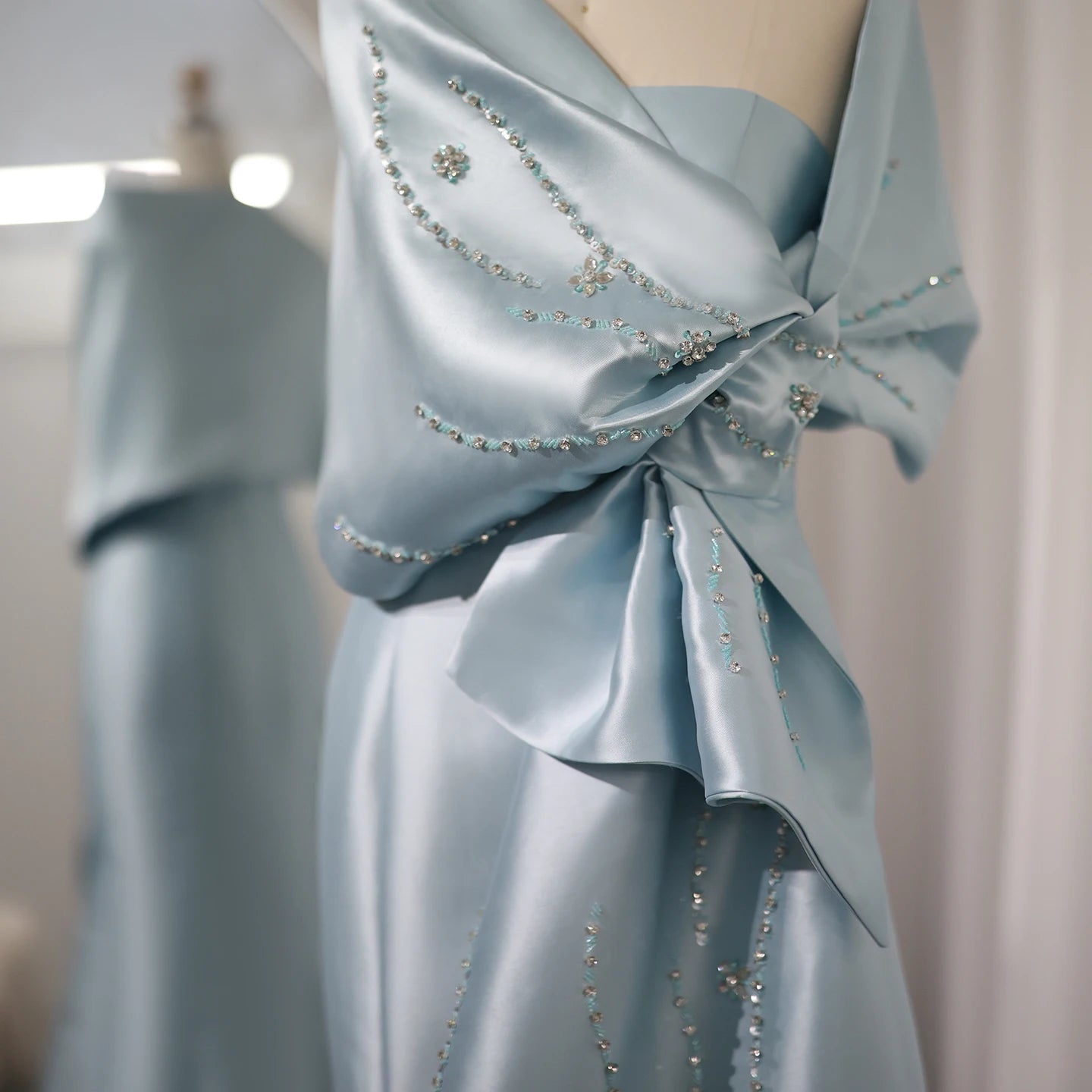 Luxury Blue Mermaid Evening Dresses with Cape Shawl Beaded Elegant Women Wedding Guest Party Gown - Image 4