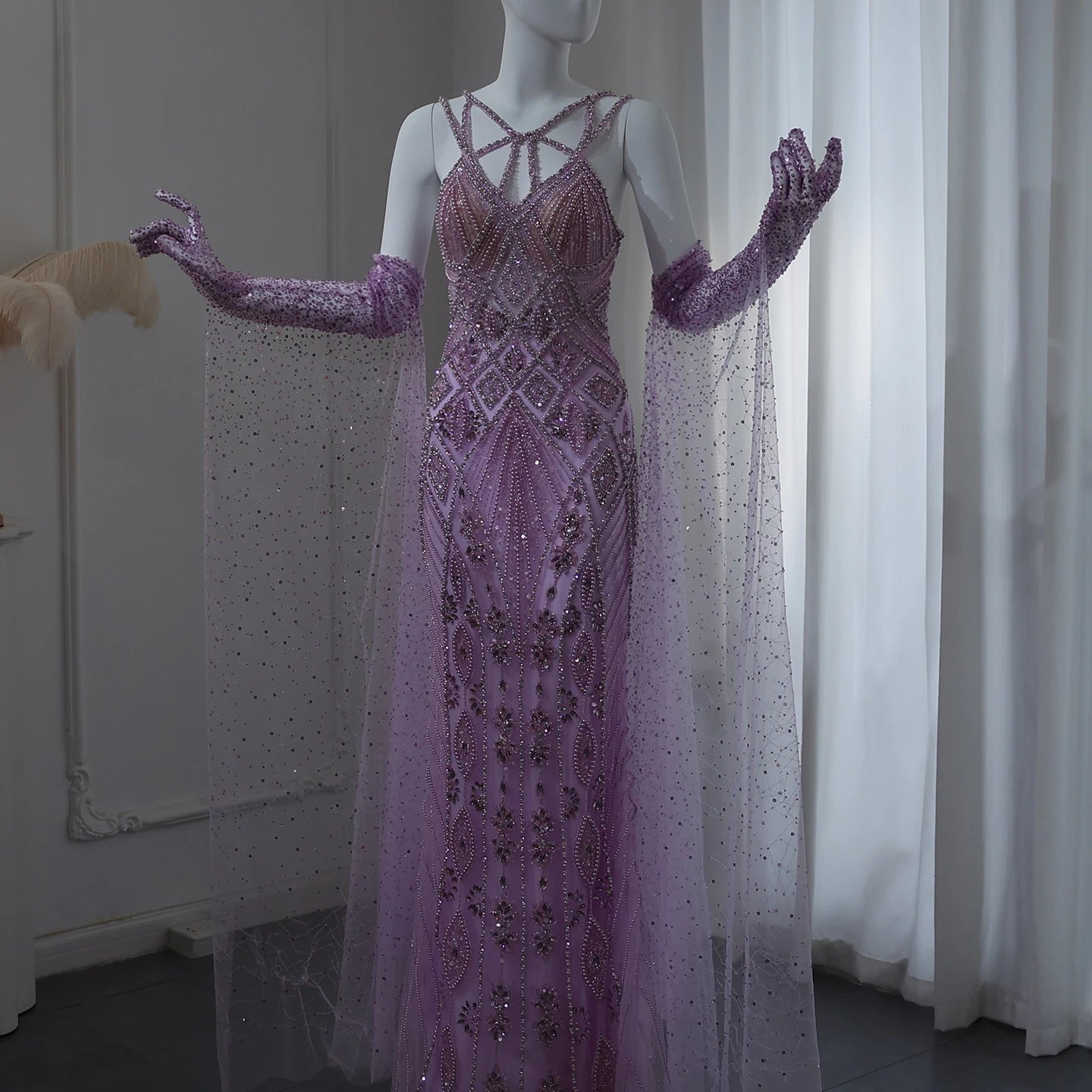 Luxury Lilac Evening Dresses with Gloves Cape Sleeves Long Straight Beyonce Celebrity Prom Party Gowns - Image 5