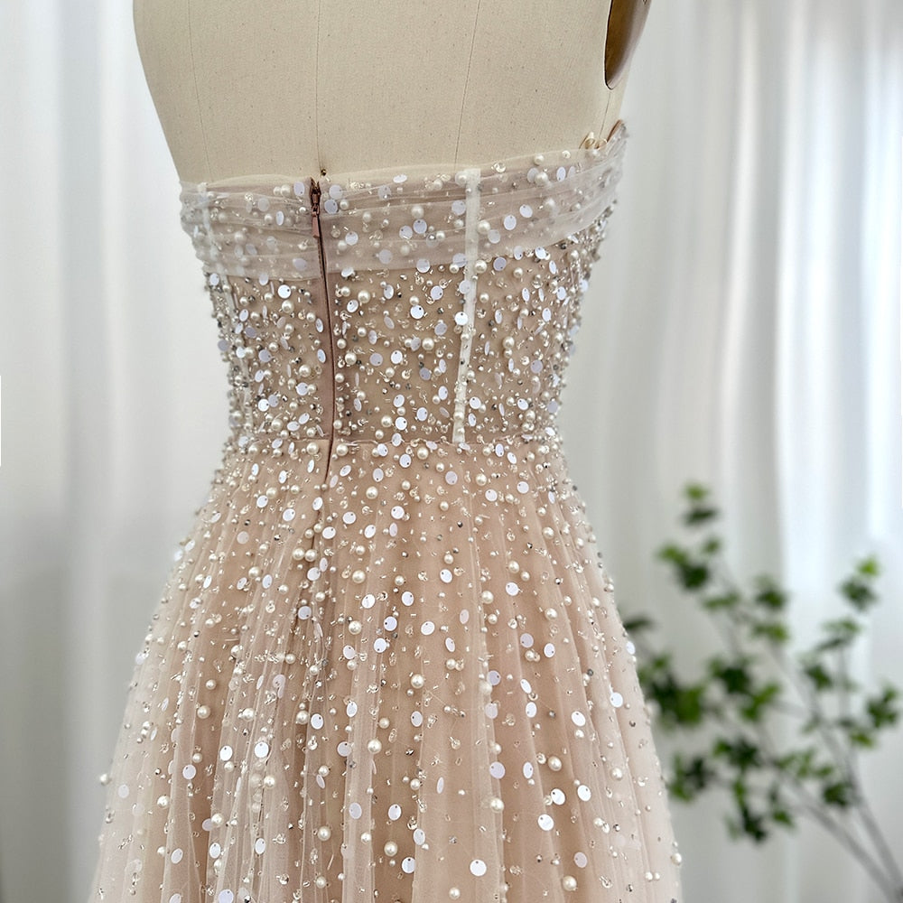 Luxury Pearls White Nude Evening Dresses with Gloves Elegant Women Wedding Bridal Party Gowns - Image 8