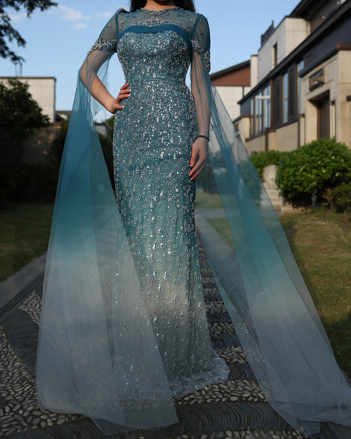 Mermaid Turquoise Crystal Evening Dresses with Cape Sleeves Arabic Women Wedding Party Gowns - Image 3