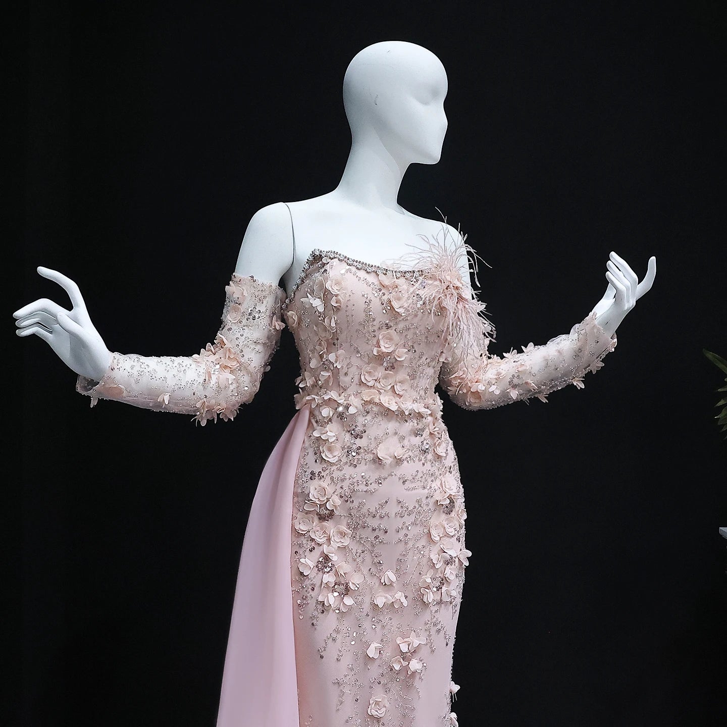 Elegant 3D Flowers Feathers Mermaid Evening Dress with Sleeves Women Wedding Party Gowns - Image 8