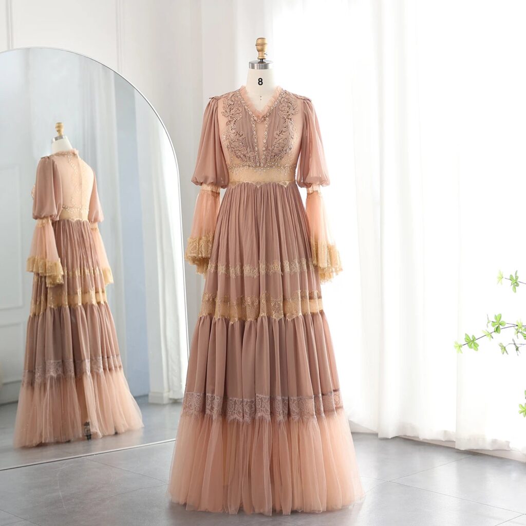 Elegant Peach Lace Evening Dress Luxury Long Sleeves Wedding Party Gowns