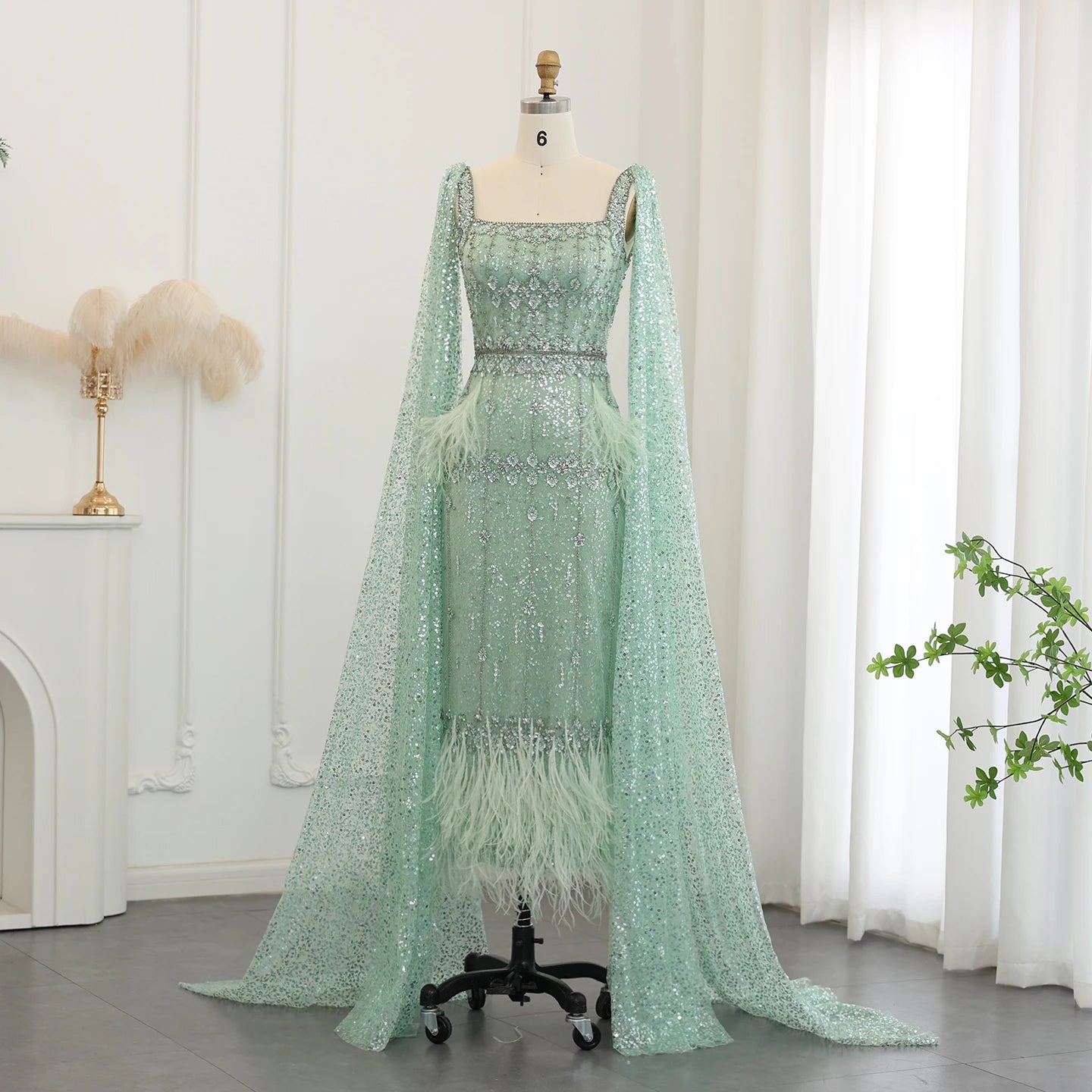 Mermaid Evening Dress with Cape Luxury Feather Formal Dresses for Women Wedding Party - Image 4