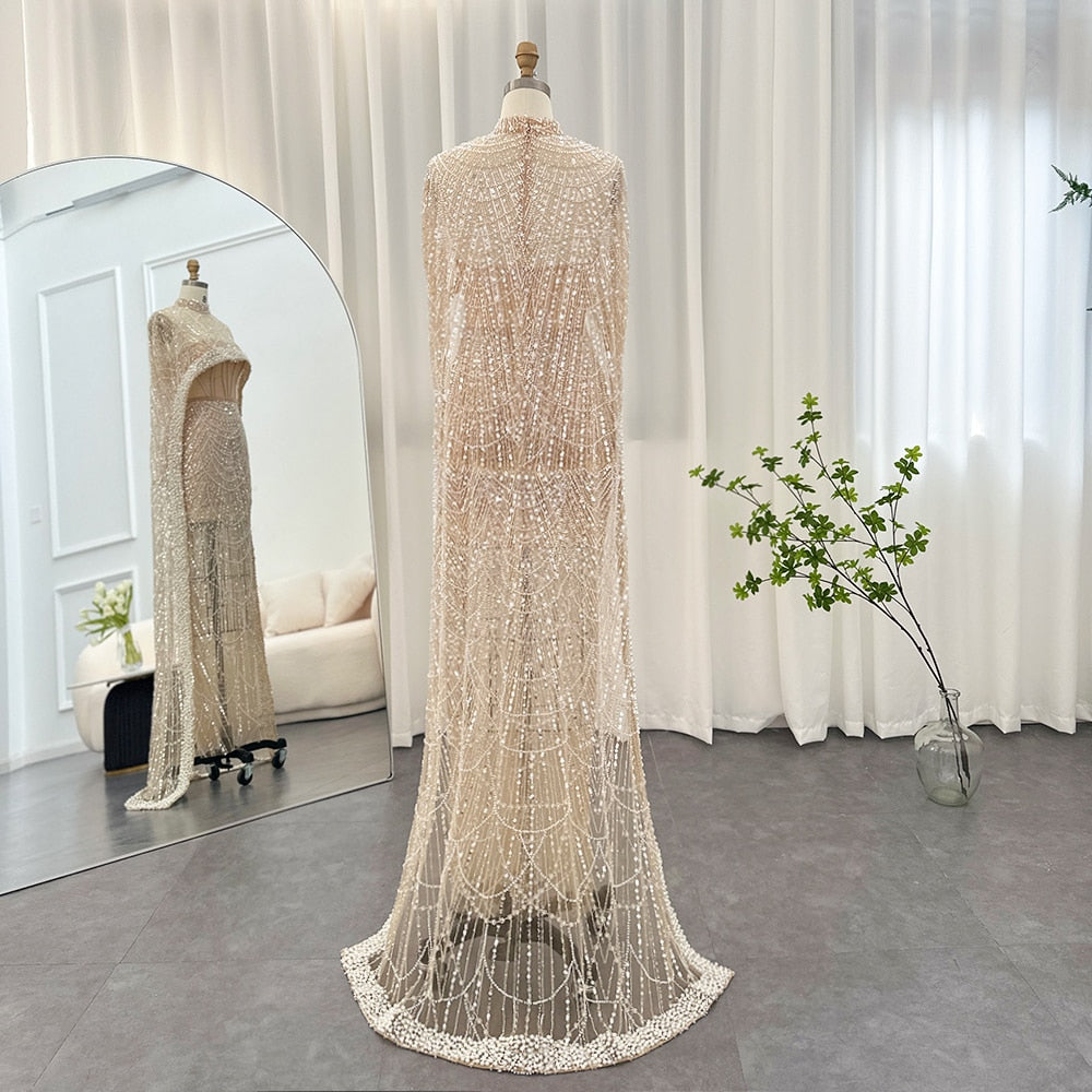 Luxury Pearls Champagne Evening Dresses with Cape Women Mermaid Wedding Party Prom Dress - Image 11