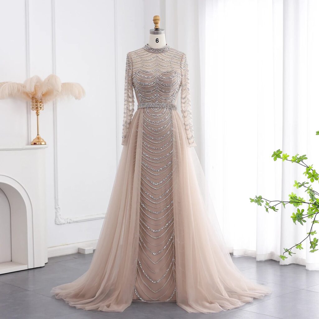Luxury Champagne Mermaid Evening Dress with Overskirt Long Sleeves Elegant Women Wedding Party Gowns