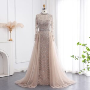 Luxury Champagne Mermaid Evening Dress with Overskirt Long Sleeves Elegant Women Wedding Party Gowns