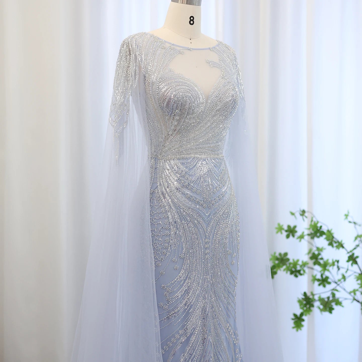Luxury Blue Mermaid Evening Dress with Cape Sleeves 2024 Sage Green Plus Size Women Wedding Party Gowns - Image 6