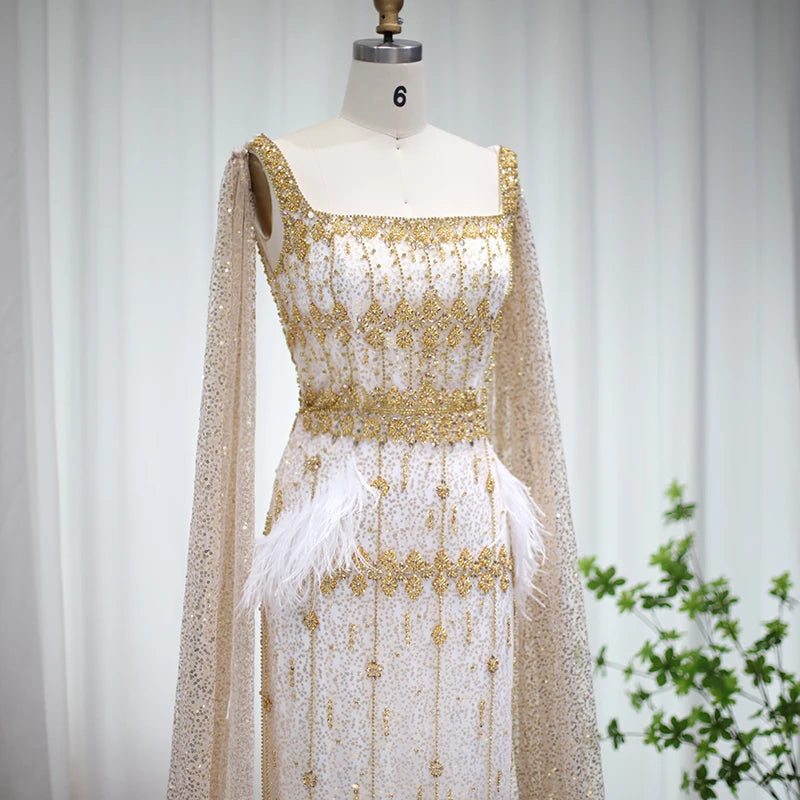 Mermaid Evening Dress with Cape Luxury Feather Formal Dresses for Women Wedding Party - Image 36