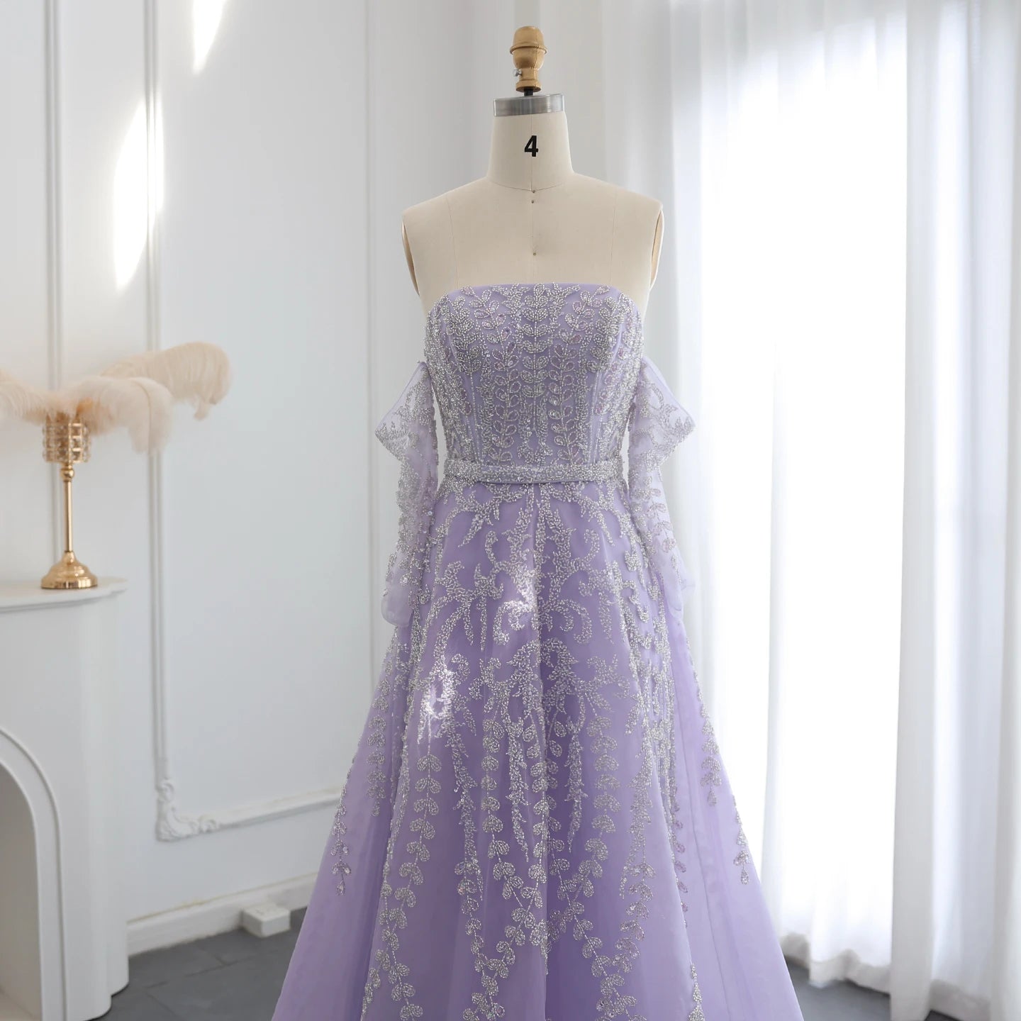 Luxury Beaded Lilac Evening Dress with Sleeves Elegant Strapless Women Wedding Party Gowns - Image 4