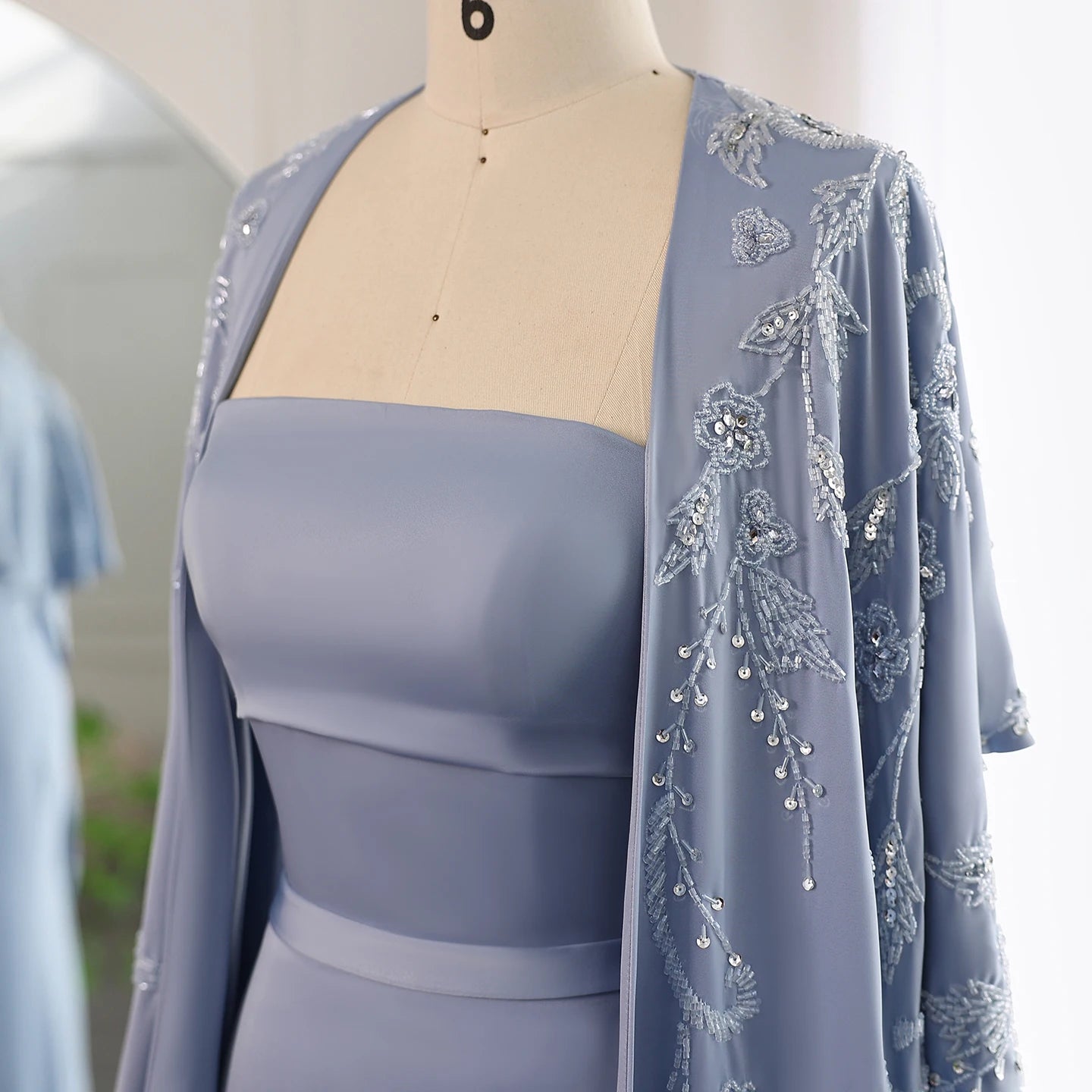 Blue Mermaid Evening Dress with Cape Sleeves 2024 Luxury Beaded Women Wedding Guest Party Gowns - Image 5