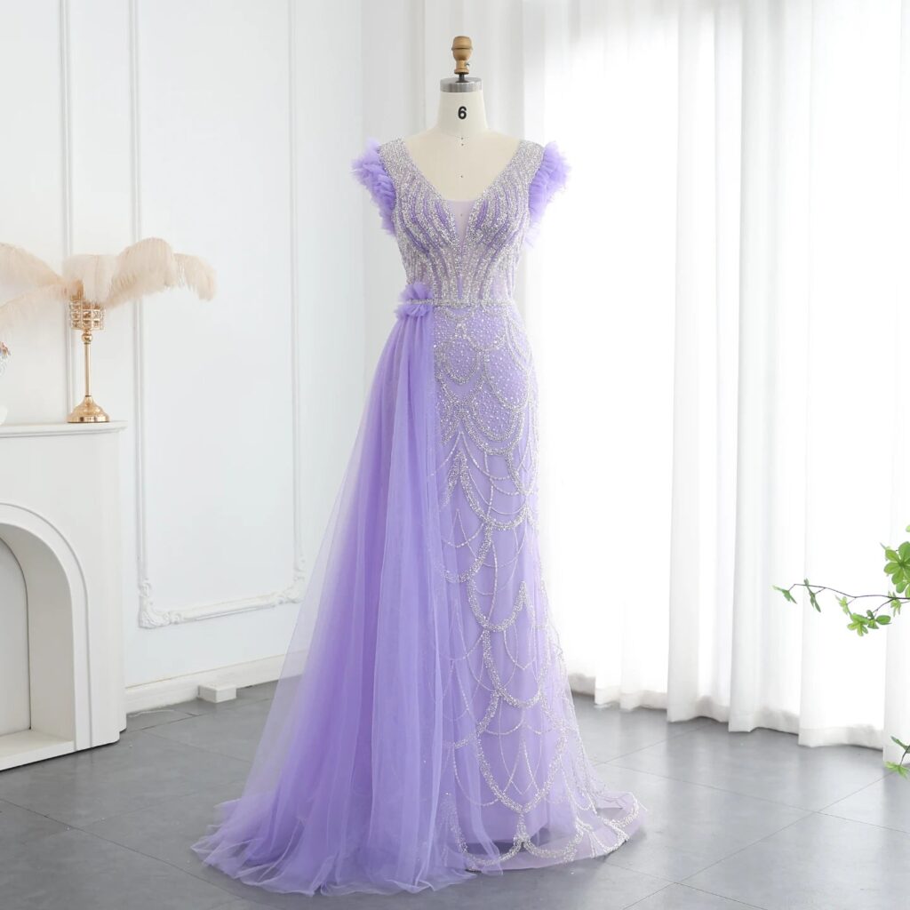 Luxury Beaded Lilac Mermaid Evening Dresses with Overskirt Elegant V-Neck Long Women Wedding Party Gowns
