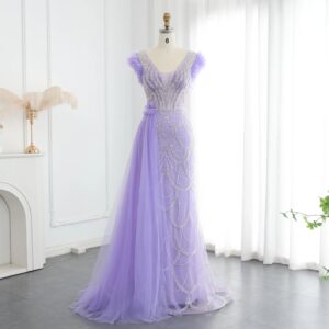 Luxury Beaded Lilac Mermaid Evening Dresses with Overskirt Elegant V-Neck Long Women Wedding Party Gowns
