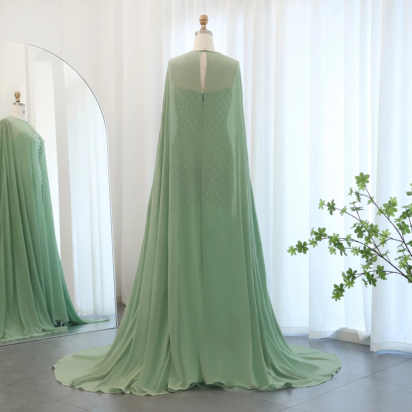 Luxury Crystal Pearls Mermaid Sage Green Evening Dress with Cape Elegant Women Wedding Party Gown - Image 12