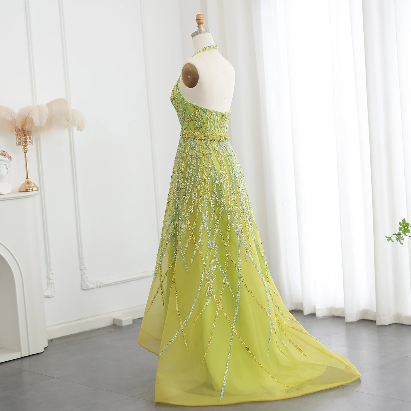 Beaded Lemon Green Evening Dresses with Halter High Low Women Wedding Party Gowns - Image 10
