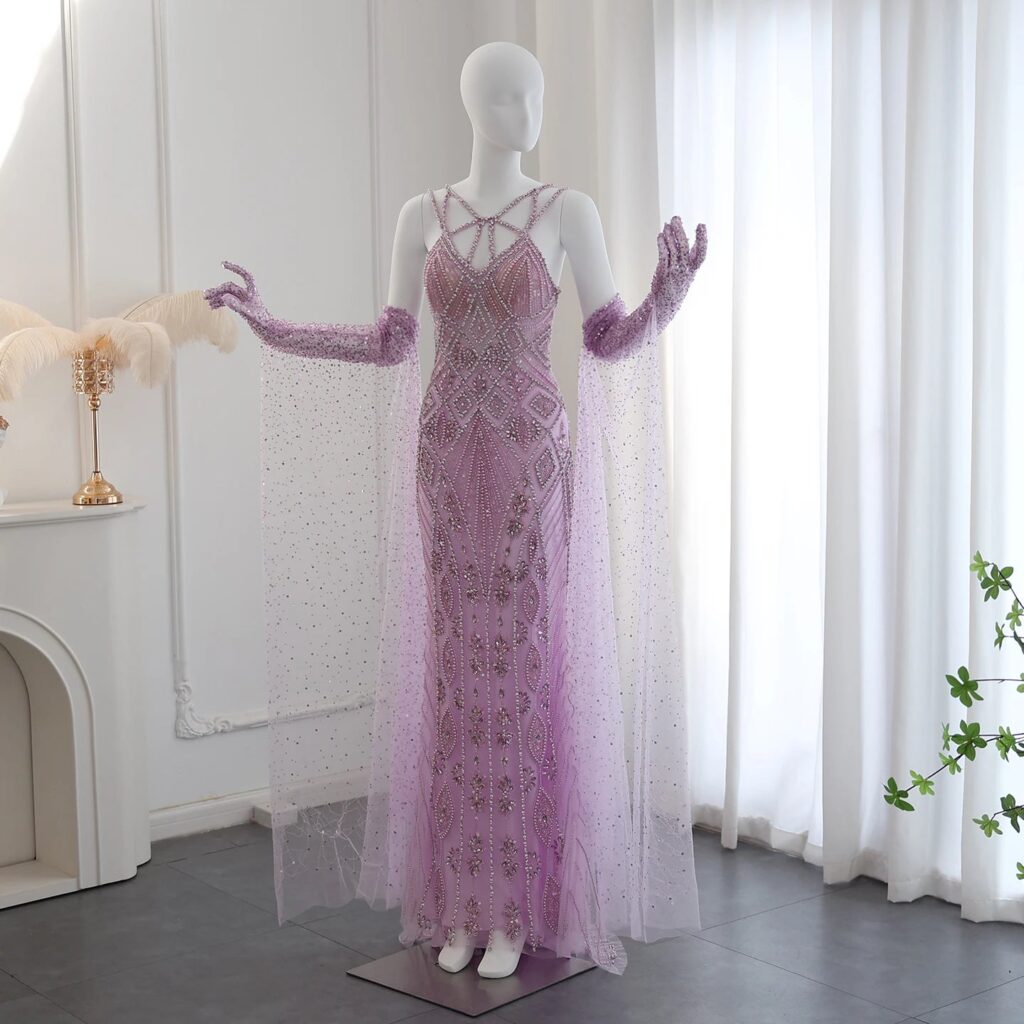 Luxury Lilac Evening Dresses with Gloves Cape Sleeves Long Straight Beyonce Celebrity Prom Party Gowns