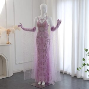 Luxury Lilac Evening Dresses with Gloves Cape Sleeves Long Straight Beyonce Celebrity Prom Party Gowns