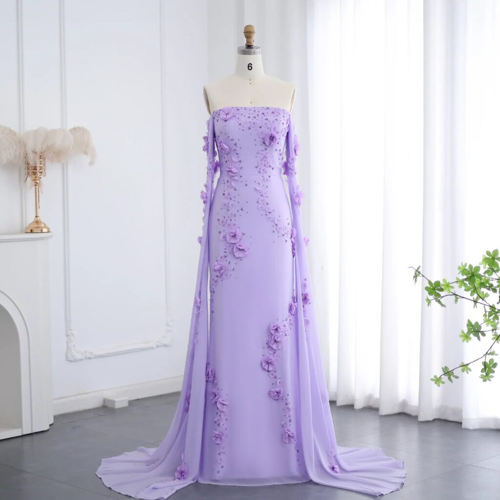 Elegant Off Shoulder Lilac 3D Flowers Evening Dress with Cape Sleeves for Wedding Party