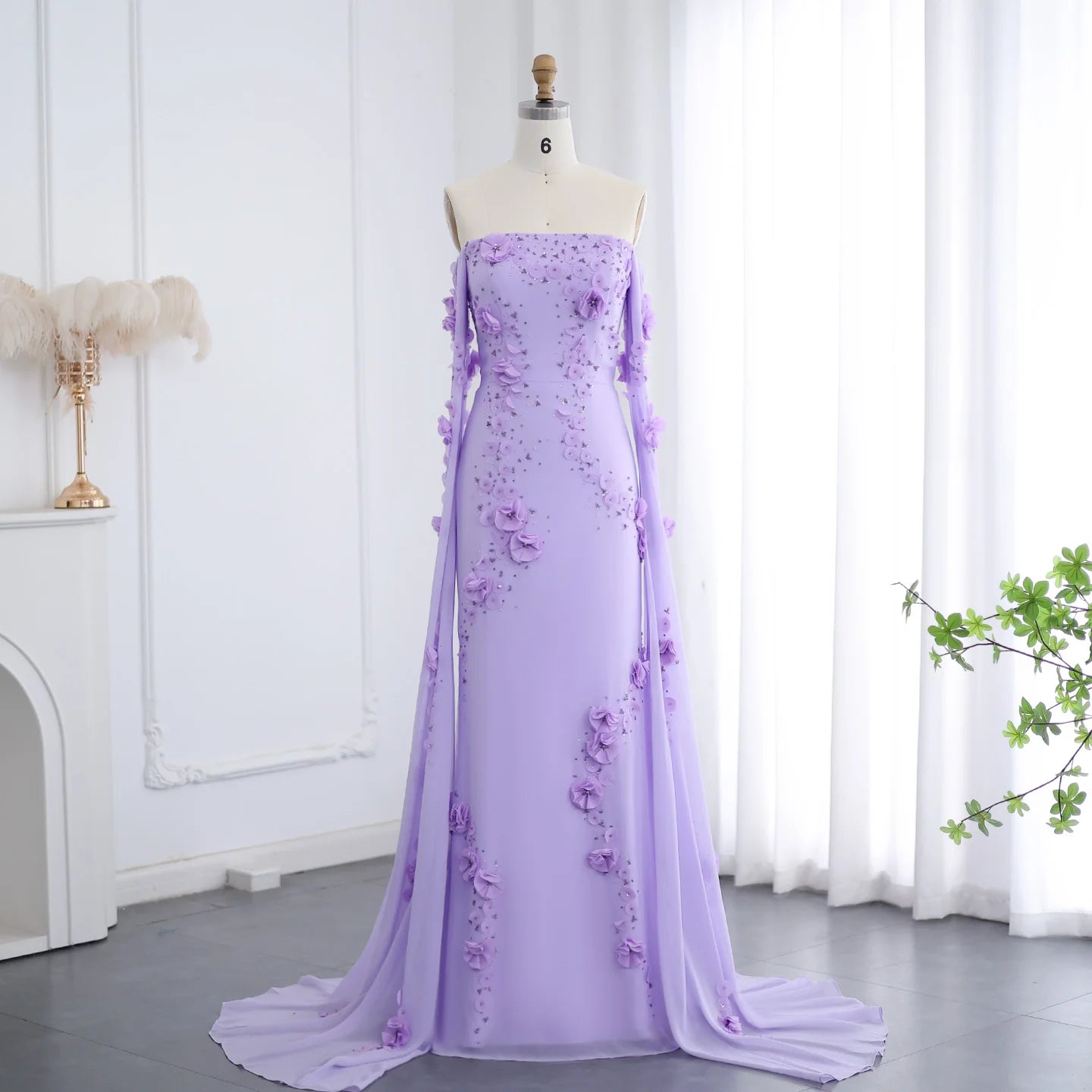 Elegant Off Shoulder Lilac 3D Flowers Evening Dress with Cape Sleeves for Wedding Party