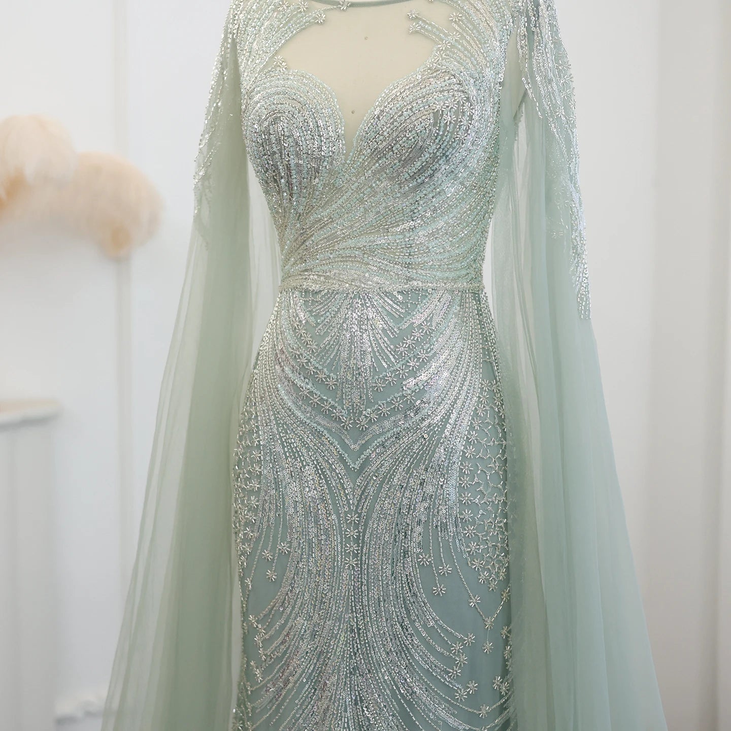 Luxury Blue Mermaid Evening Dress with Cape Sleeves 2024 Sage Green Plus Size Women Wedding Party Gowns - Image 16