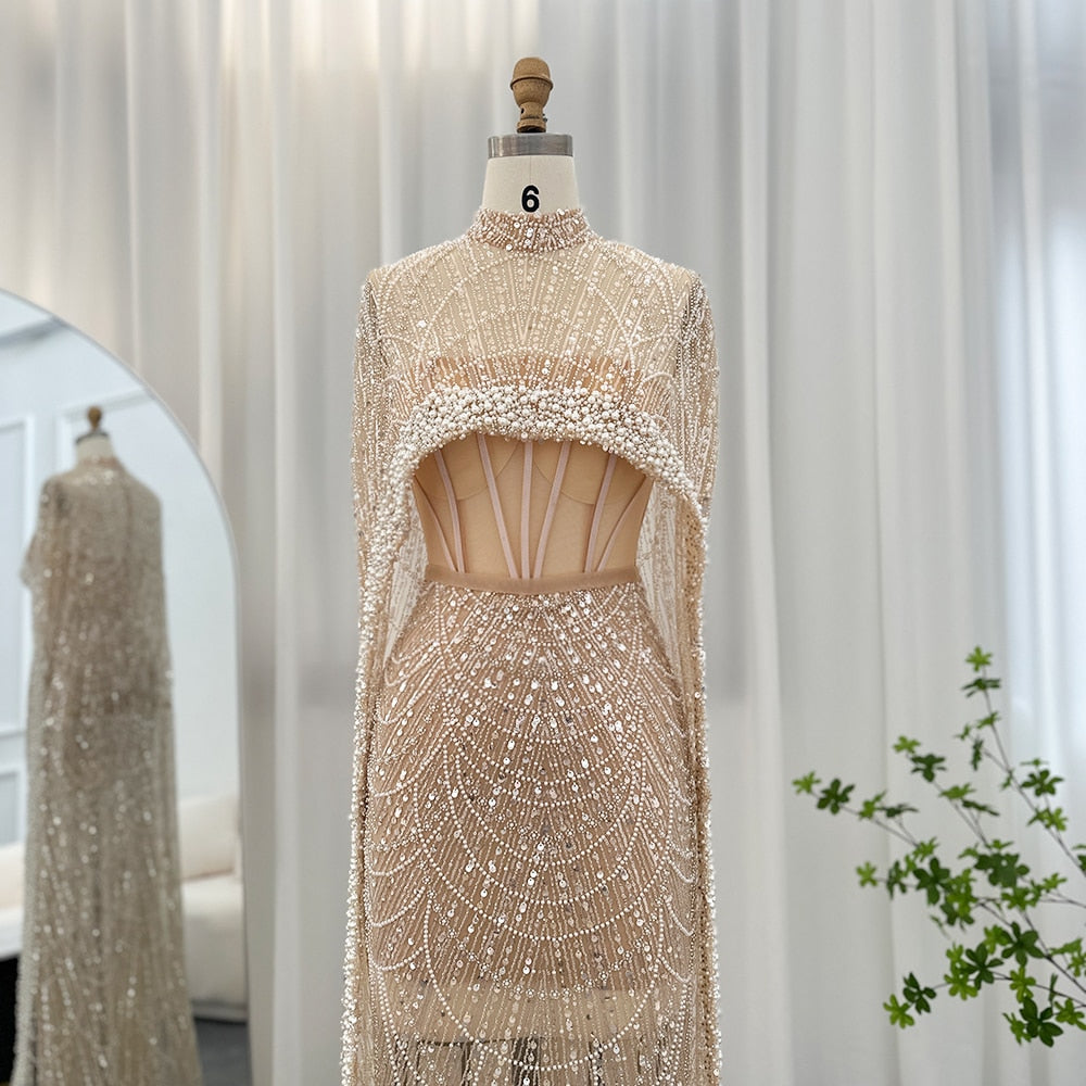 Luxury Pearls Champagne Evening Dresses with Cape Women Mermaid Wedding Party Prom Dress - Image 8
