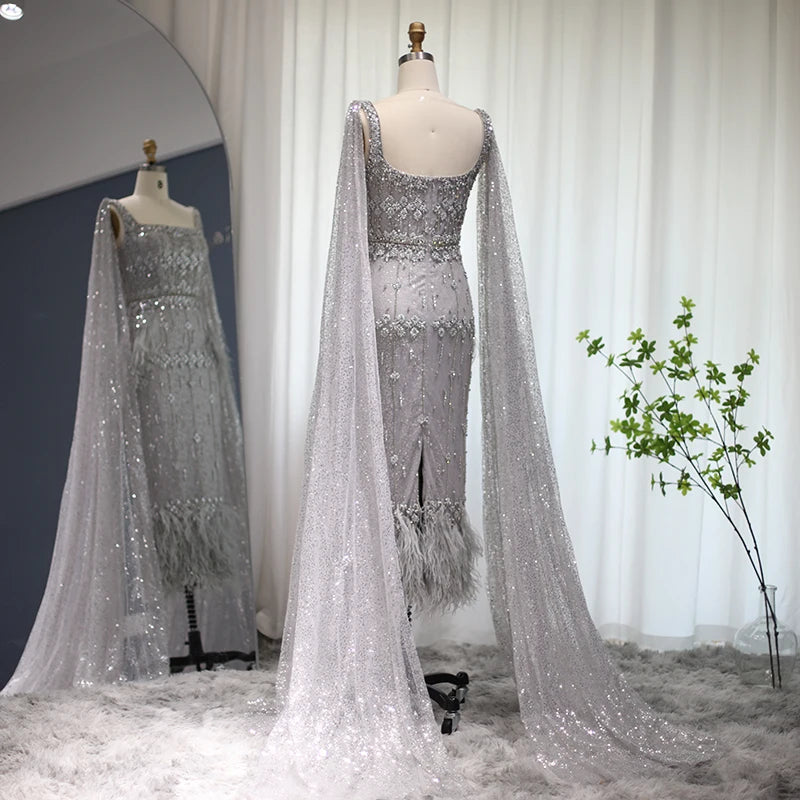 Mermaid Evening Dress with Cape Luxury Feather Formal Dresses for Women Wedding Party - Image 28