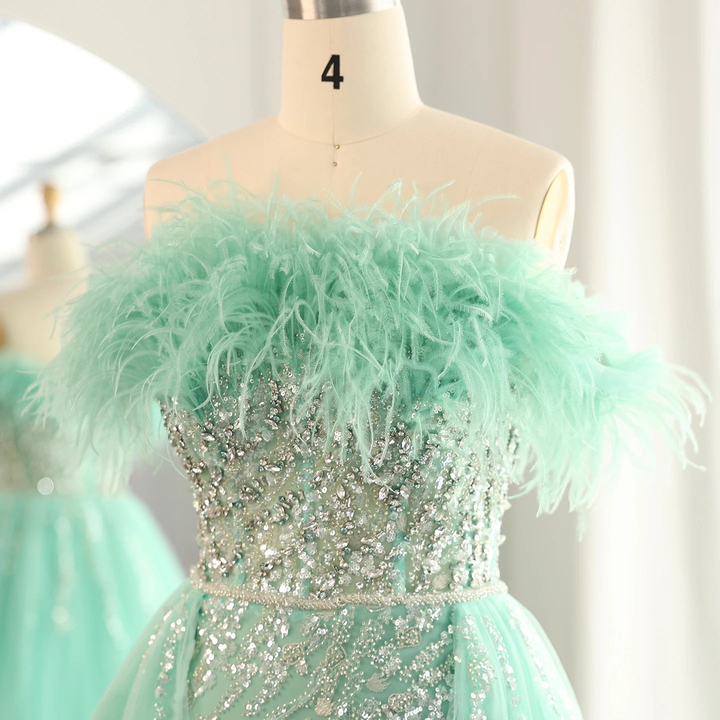 Luxury Feathers Lilac Evening Dress with Overskirt Side Slit Blue Green Women Wedding Party Gowns - Image 15