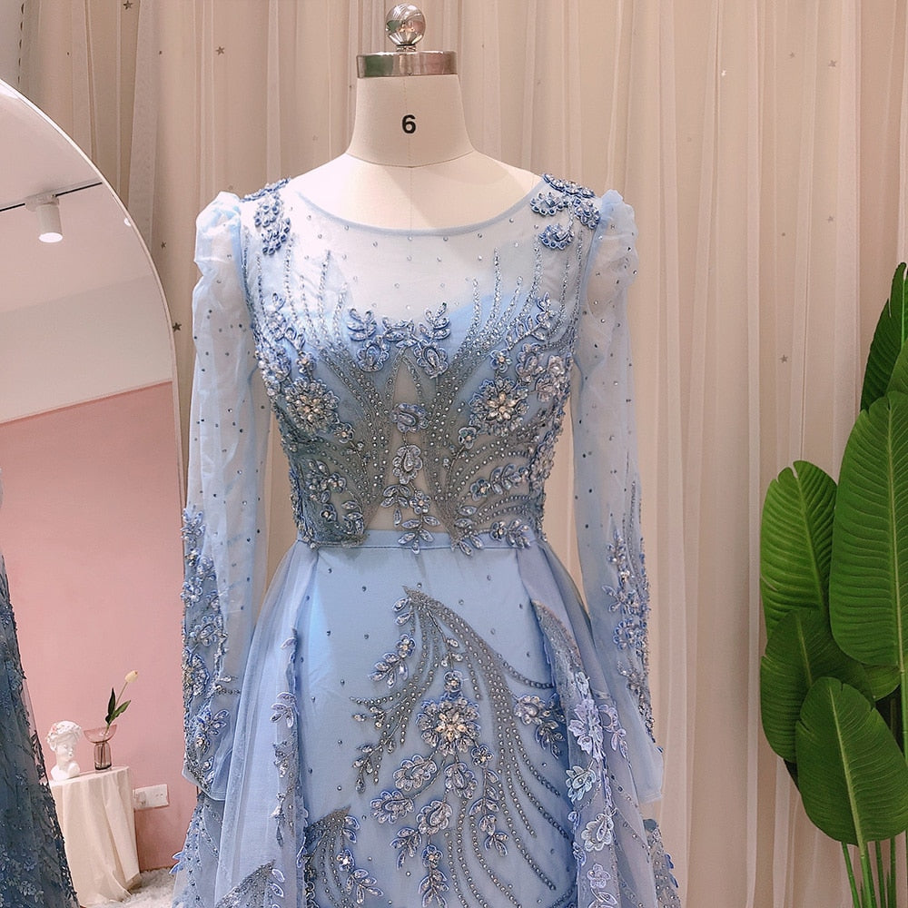 Blue Long Sleeve Overskirt Evening Dresses for Women Wedding Party Luxury Crystal Formal Dress - Image 6