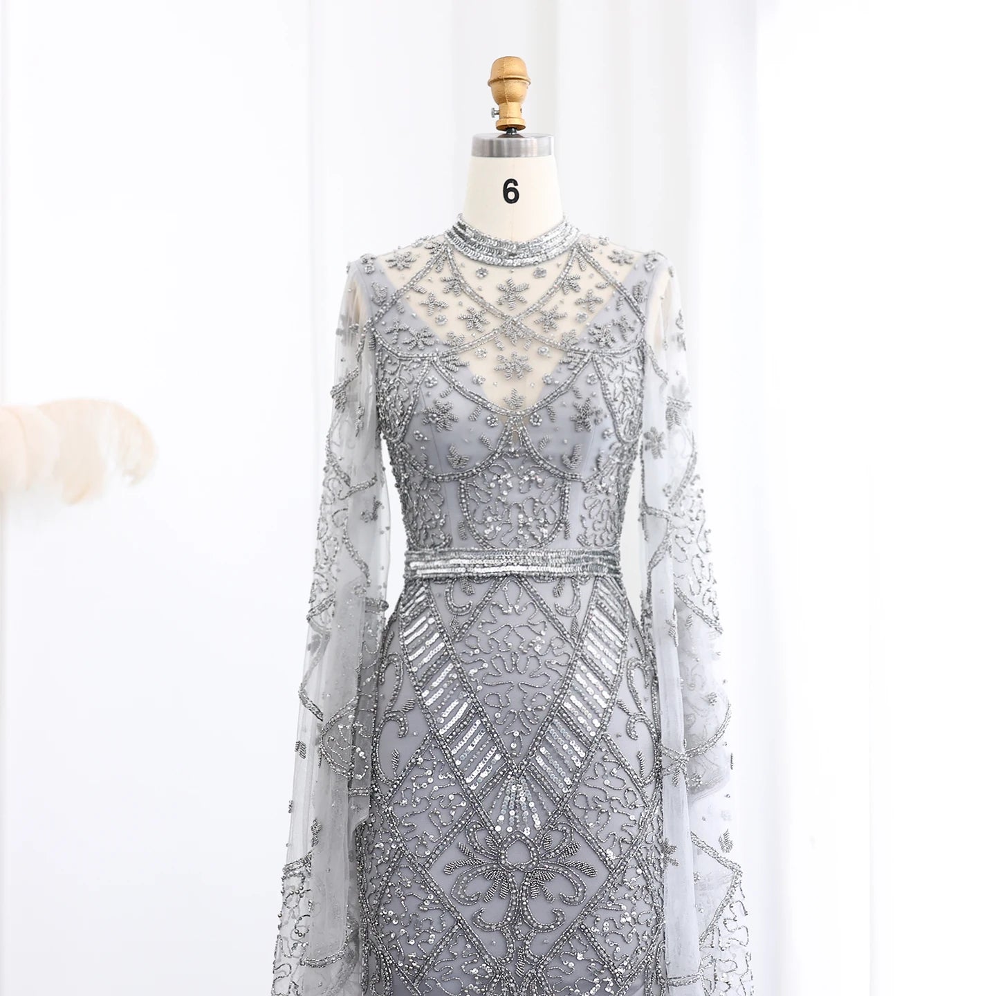 Black Beaded Luxury Evening Dress with Flare Long Sleeves High Neck Formal Party Gowns - Image 9