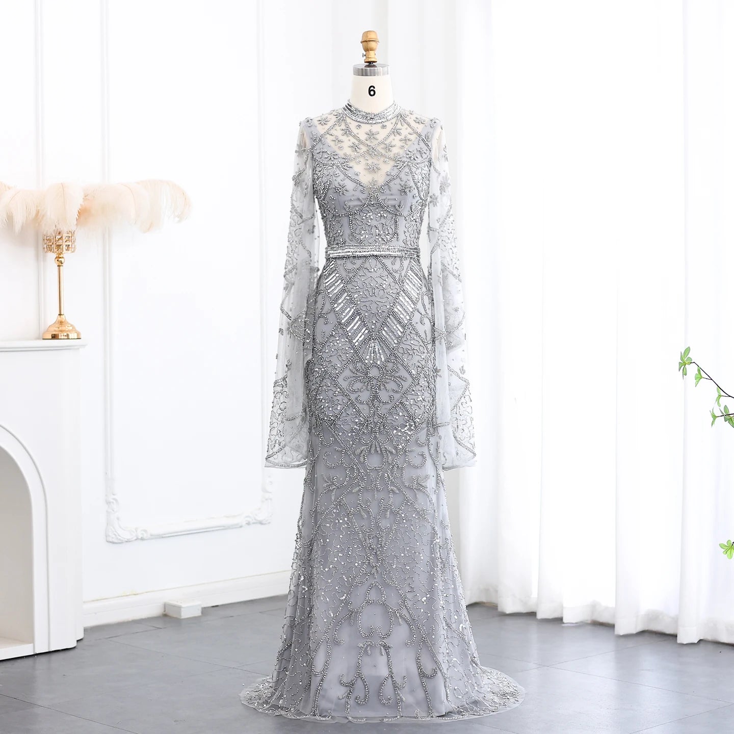 Black Beaded Luxury Evening Dress with Flare Long Sleeves High Neck Formal Party Gowns - Image 3