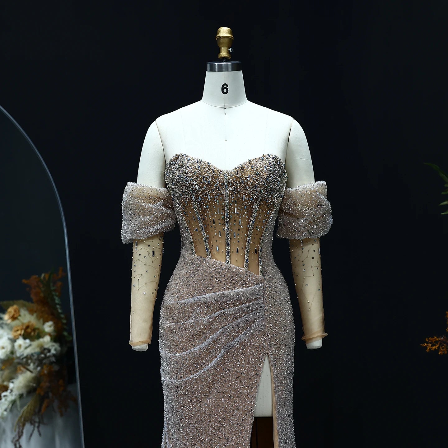 Luxury Mermaid Crystal Silver Evening Dress with Sleeves Slit Women Wedding Party Gown - Image 4