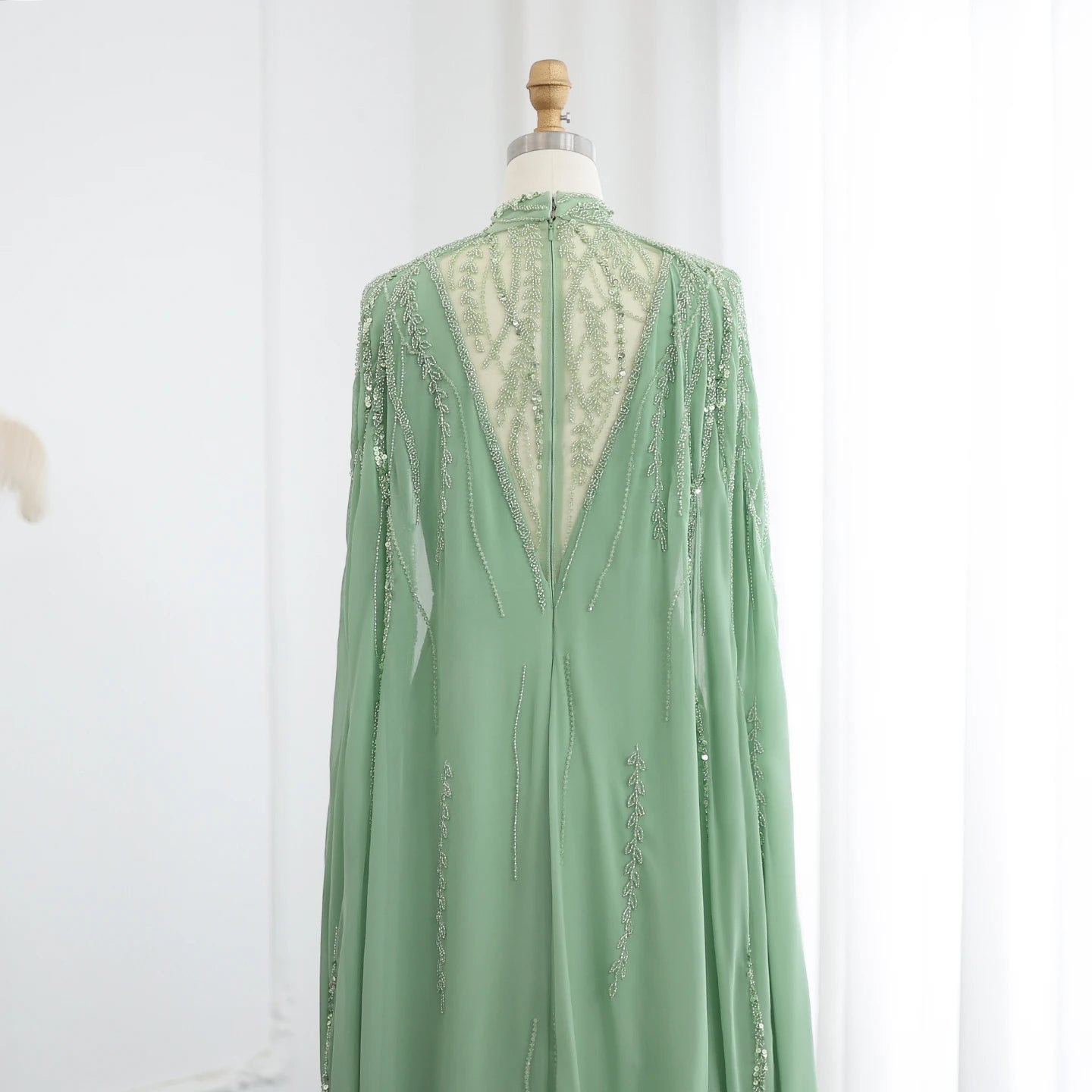 Beaded Sage Green Muslim Evening Dresses with Cape Long Sleeves Arabic Women Wedding Party Gown - Image 4