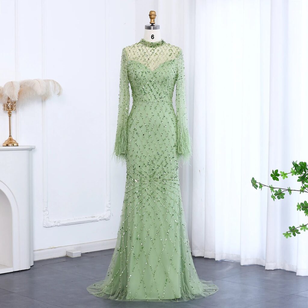 Luxury Beaded Feathers Sage Green Evening Dress Long Sleeves Elegant High Neck Nude for Women Wedding