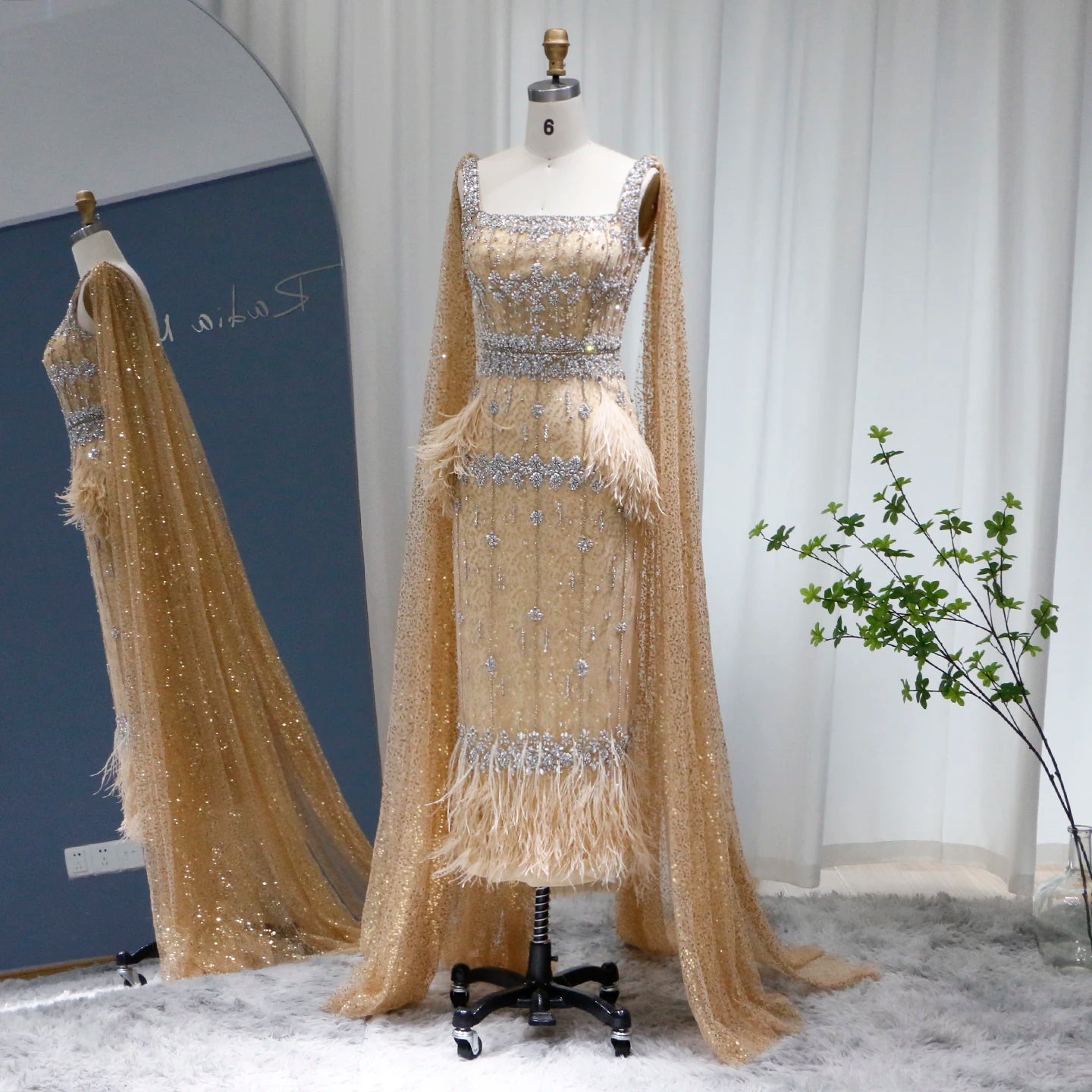 Mermaid Evening Dress with Cape Luxury Feather Formal Dresses for Women Wedding Party - Image 3