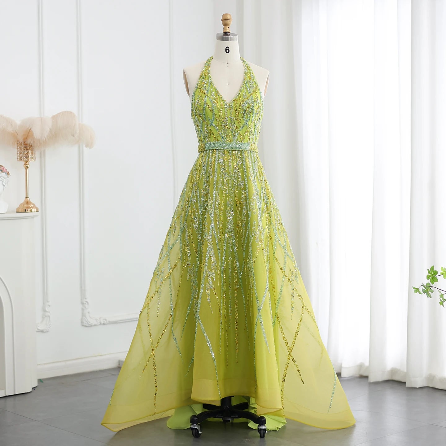 Beaded Lemon Green Evening Dresses with Halter High Low Women Wedding Party Gowns - Image 2